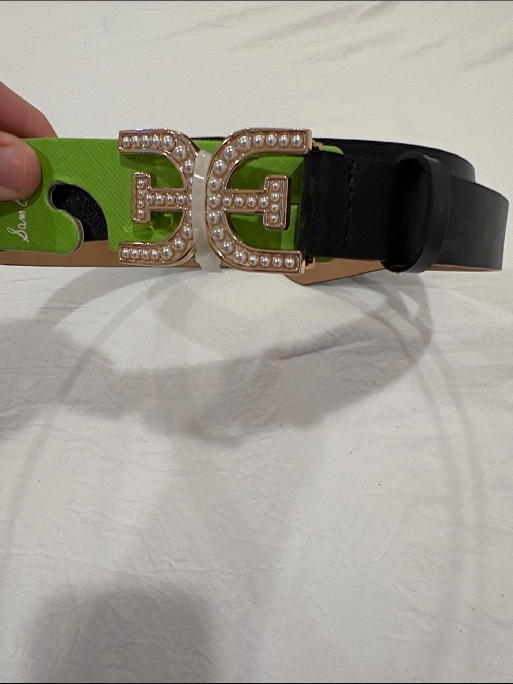 Sam Edelman Black Belt with Pearl-Embellished Gold Buckle